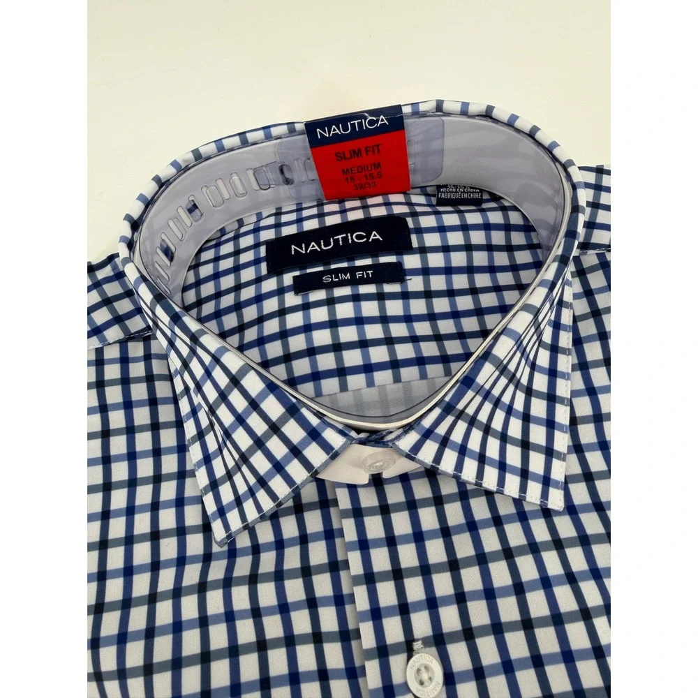 Nautica Mens Performance Dress Shirt‎ Slim Fit Blue White Check M 15-15.5 32/33